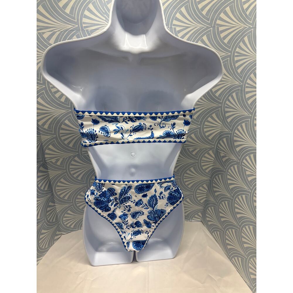 New Blue floral leaves high waisted women bikini two pieces swimsuit & skirt M - Picture 4 of 9